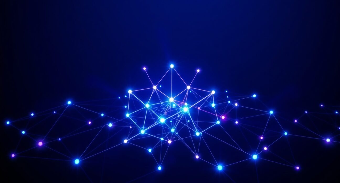 Cosmos network visualization with interconnected blockchain nodes representing IBC protocol.