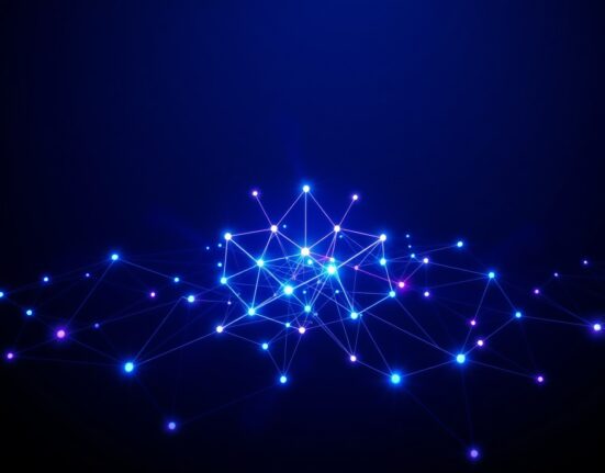 Cosmos network visualization with interconnected blockchain nodes representing IBC protocol.