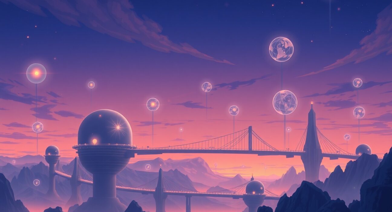 An artistic representation of the Cosmos blockchain's interchain vision and its potential for future growth.
