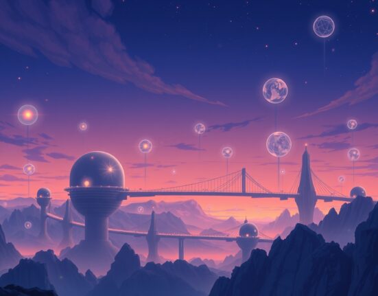 An artistic representation of the Cosmos blockchain's interchain vision and its potential for future growth.