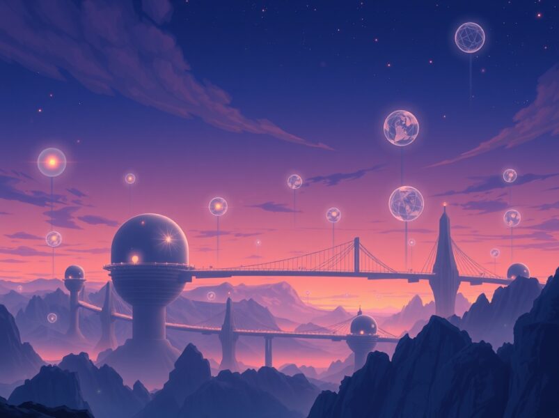 An artistic representation of the Cosmos blockchain's interchain vision and its potential for future growth.