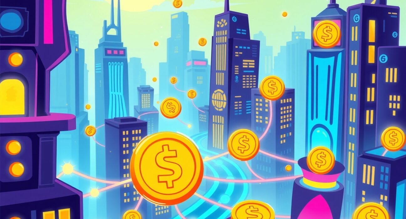 Illustration of ATOM tokenomics showing network nodes and fee flows in a vibrant cartoon style