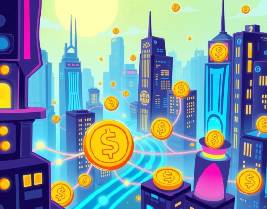 Illustration of ATOM tokenomics showing network nodes and fee flows in a vibrant cartoon style