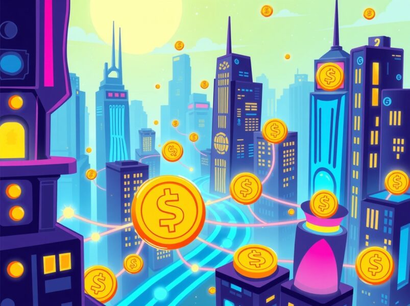 Illustration of ATOM tokenomics showing network nodes and fee flows in a vibrant cartoon style