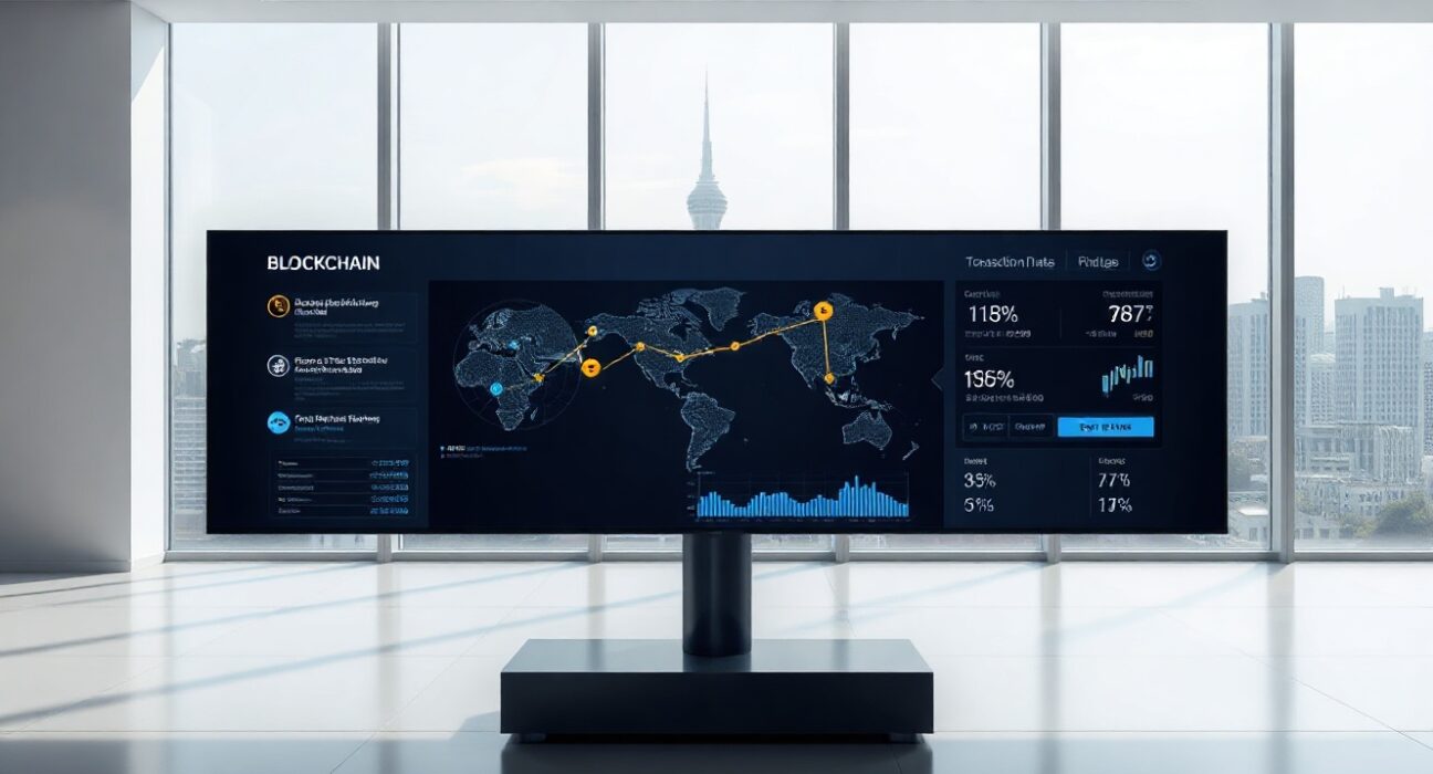 Modern office interior in Seoul with a digital screen showing blockchain network data