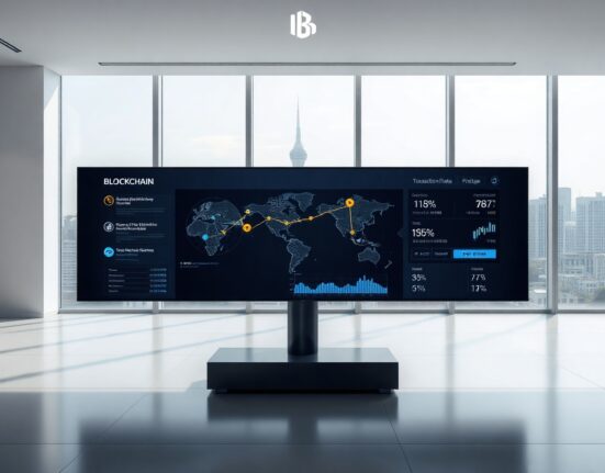 Modern office interior in Seoul with a digital screen showing blockchain network data
