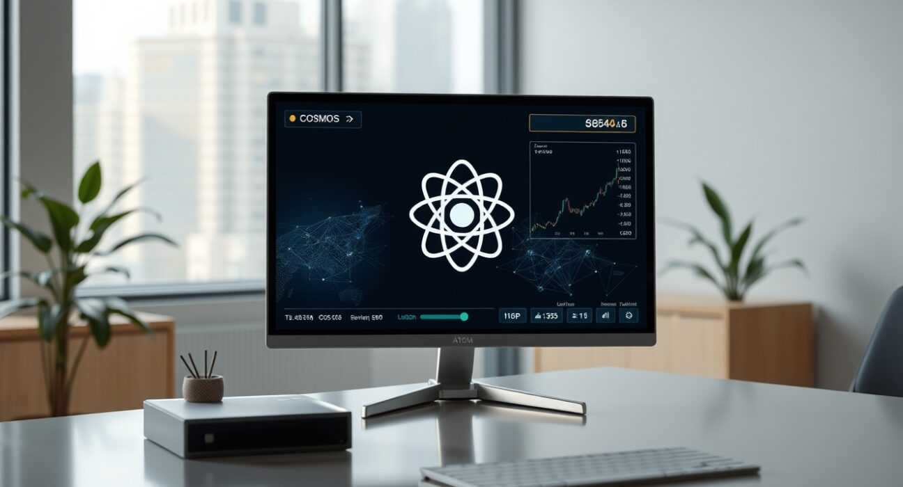 Cosmos ATOM logo displayed on a screen in a professional newsroom setting, representing blockchain and decentralized finance.
