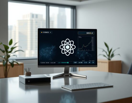 Cosmos ATOM logo displayed on a screen in a professional newsroom setting, representing blockchain and decentralized finance.