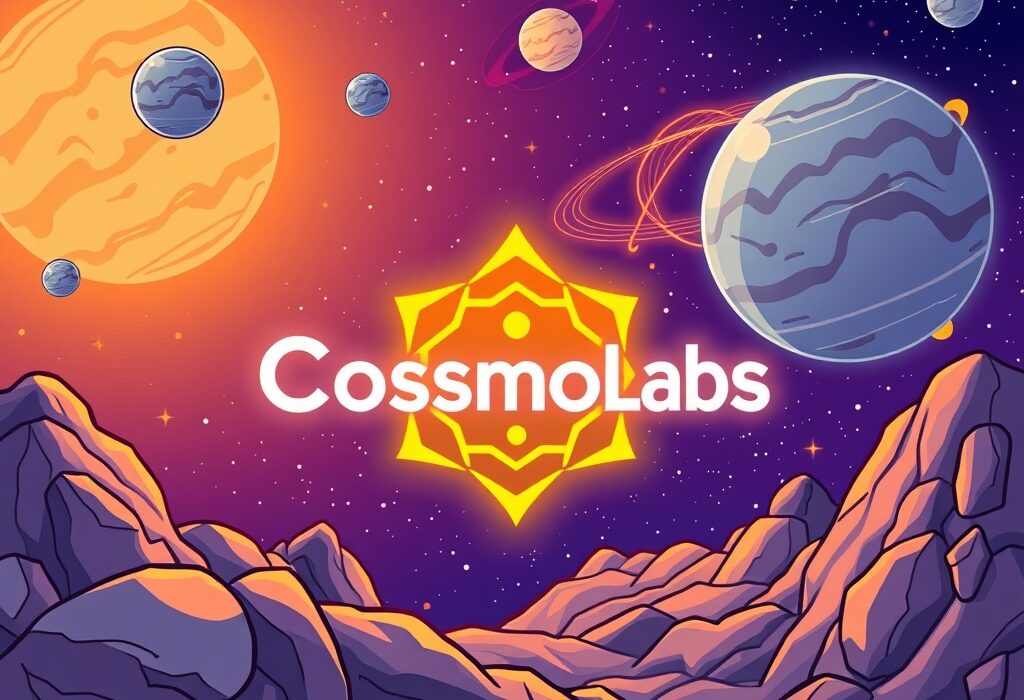 A cartoon illustration showing the rebranding of Interchain Labs to Cosmos Labs, symbolizing growth and a new chapter for the Cosmos ecosystem.