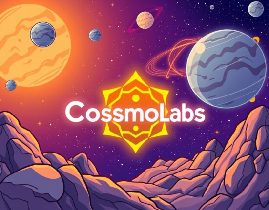 A cartoon illustration showing the rebranding of Interchain Labs to Cosmos Labs, symbolizing growth and a new chapter for the Cosmos ecosystem.