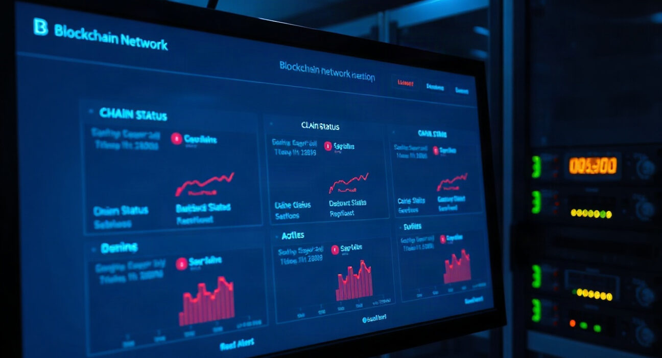 Blockchain network dashboard showing multiple chain status alerts in a server room