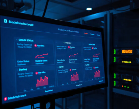 Blockchain network dashboard showing multiple chain status alerts in a server room