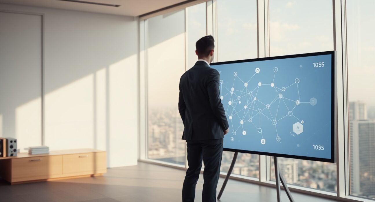Two professionals discussing blockchain network on a digital screen in a modern office in Latin America