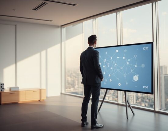 Two professionals discussing blockchain network on a digital screen in a modern office in Latin America