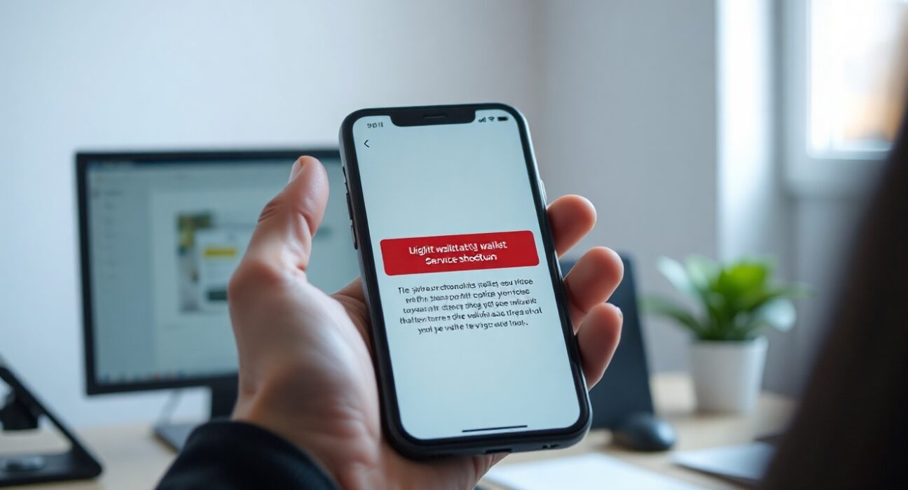 Smartphone displaying a wallet app with a service shutdown notice, representing Cosmostation's closure.