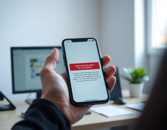 Smartphone displaying a wallet app with a service shutdown notice, representing Cosmostation's closure.