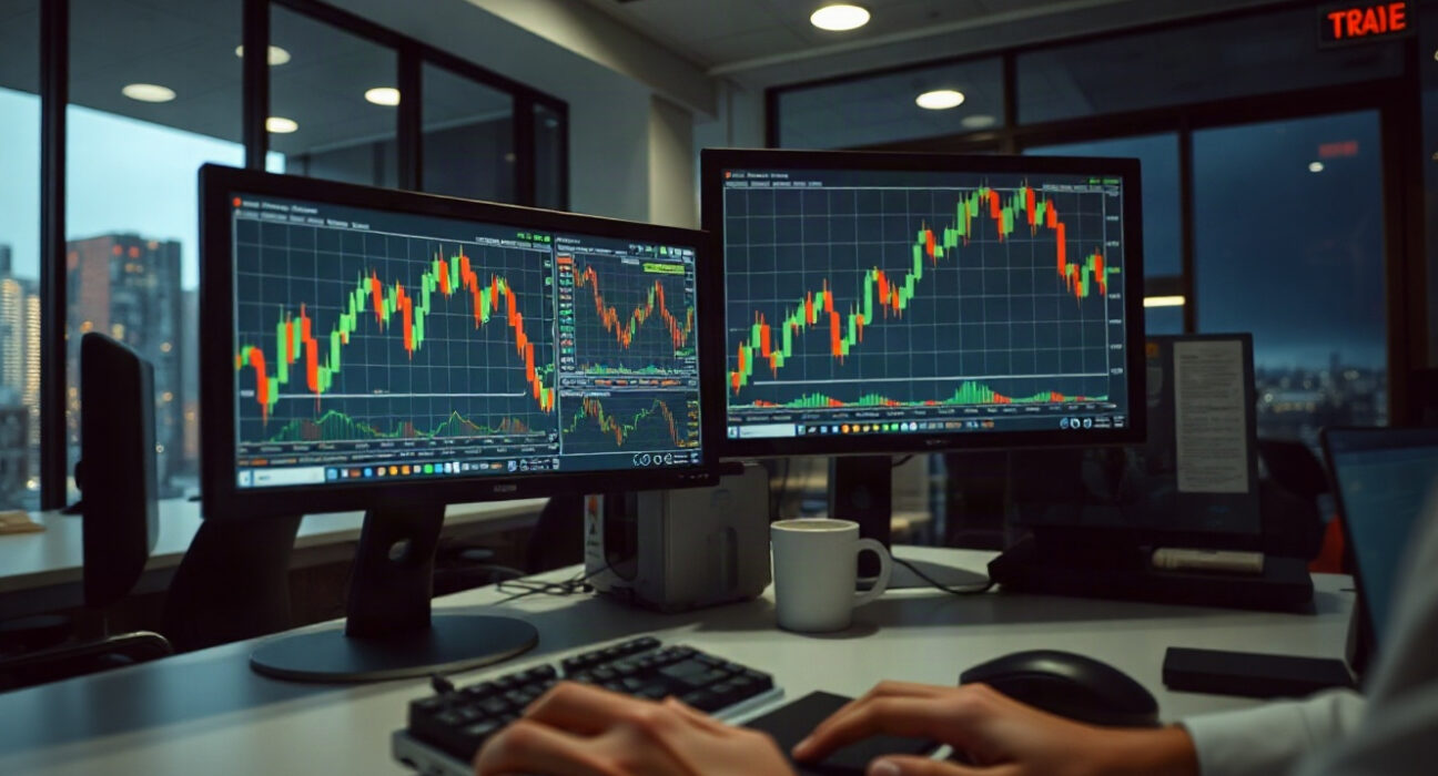 Trading desk with multiple monitors showing futures market charts and data, representing COT report analysis.