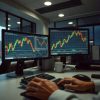 Trading desk with multiple monitors showing futures market charts and data, representing COT report analysis.