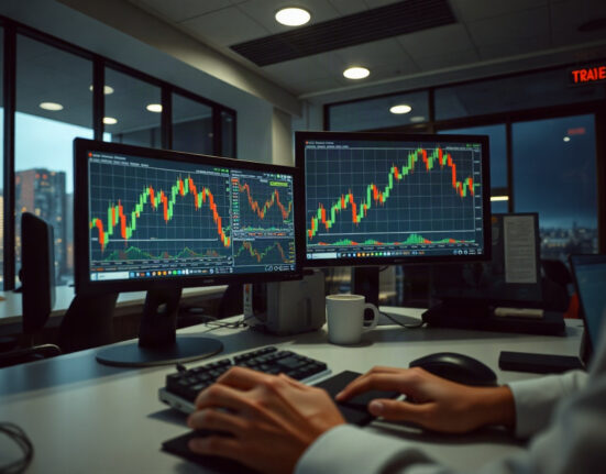 Trading desk with multiple monitors showing futures market charts and data, representing COT report analysis.