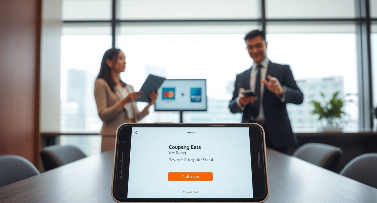 Smartphone showing Coupang Eats payment confirmation with Woori Bank and Coupang professionals in background
