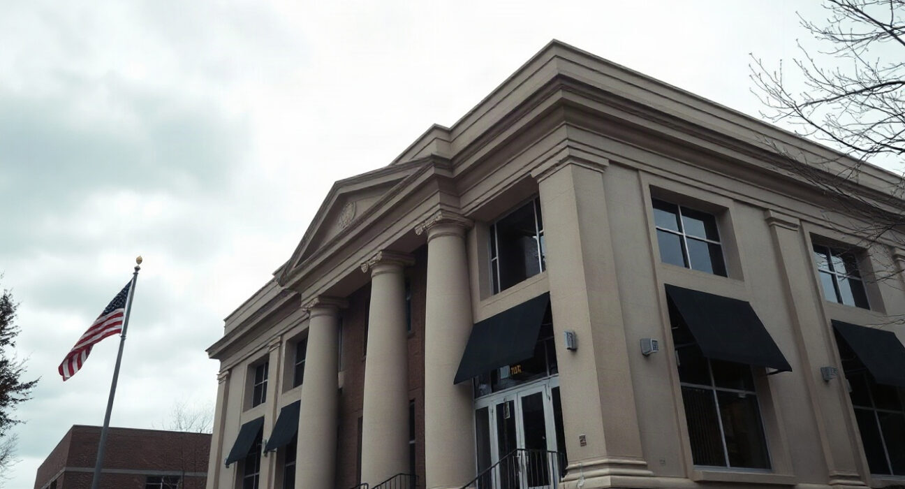 Exterior of a bank building with federal-style architecture, symbolizing the legal dispute between SVB Financial and the FDIC.