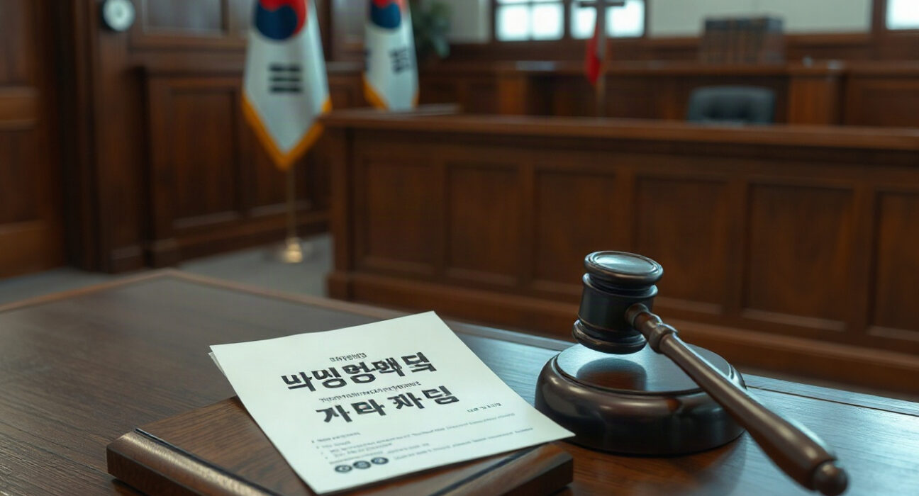 Courtroom scene with judge's bench and gavel, symbolizing the legal ruling against YouTuber Choi.