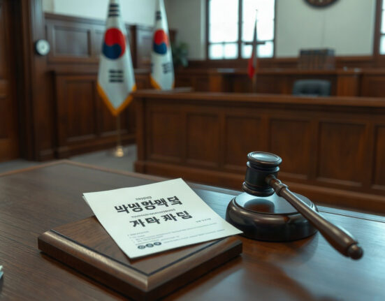 Courtroom scene with judge's bench and gavel, symbolizing the legal ruling against YouTuber Choi.