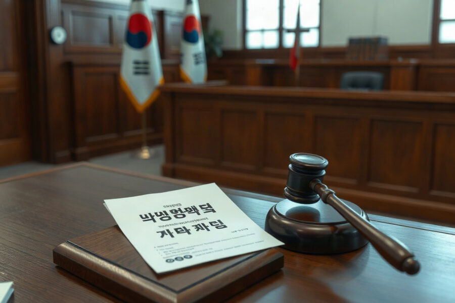 Courtroom scene with judge's bench and gavel, symbolizing the legal ruling against YouTuber Choi.