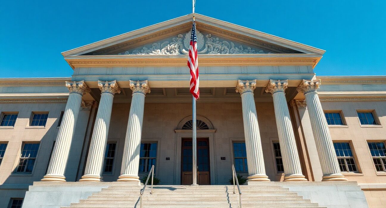 Exterior of a U.S. courthouse with flag, symbolizing legal proceedings in the Kalshi case