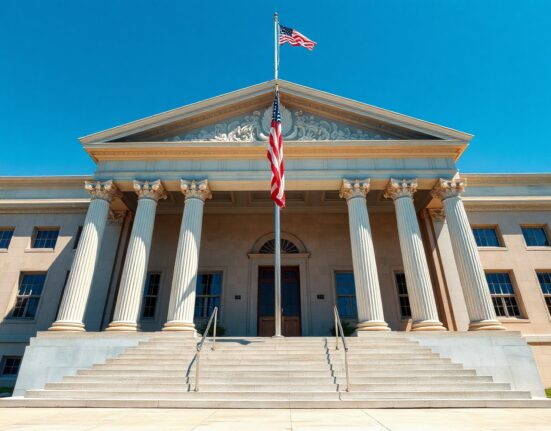 Exterior of a U.S. courthouse with flag, symbolizing legal proceedings in the Kalshi case