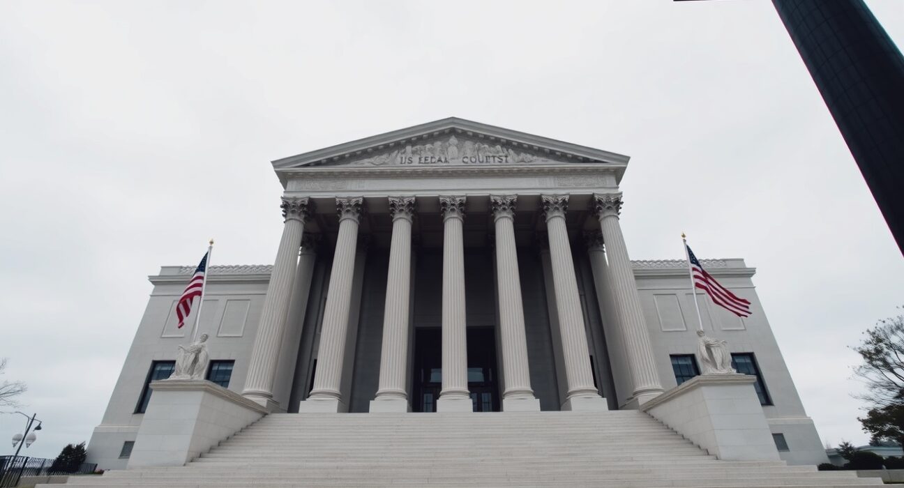 Exterior of a US federal courthouse with columns and flags, symbolizing legal proceedings.