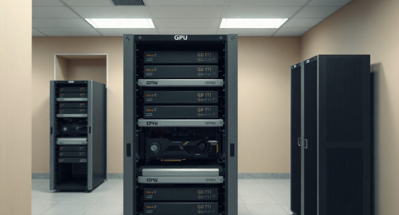 GPU servers in a data center, representing unauthorized crypto mining at a public institute.