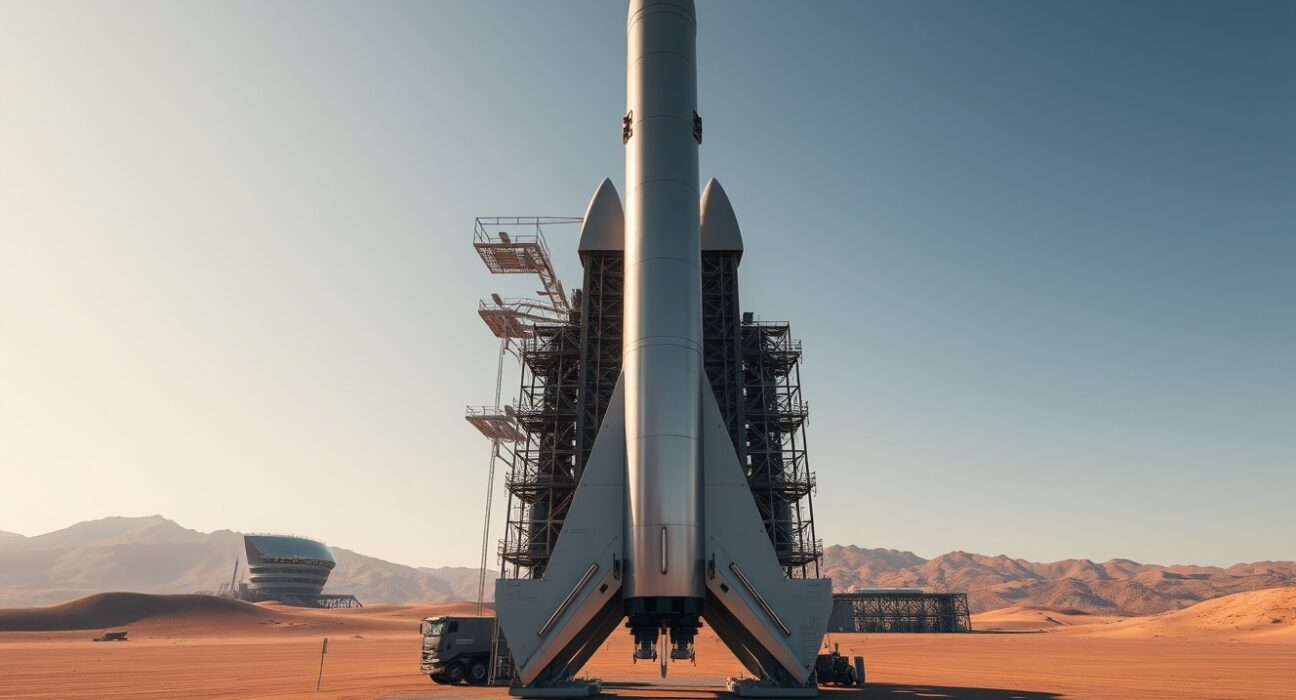A tall metallic rocket stands on a desert launch pad at dawn, representing Cowboy Space's new orbital data center rocket program.