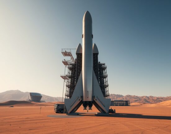 A tall metallic rocket stands on a desert launch pad at dawn, representing Cowboy Space's new orbital data center rocket program.