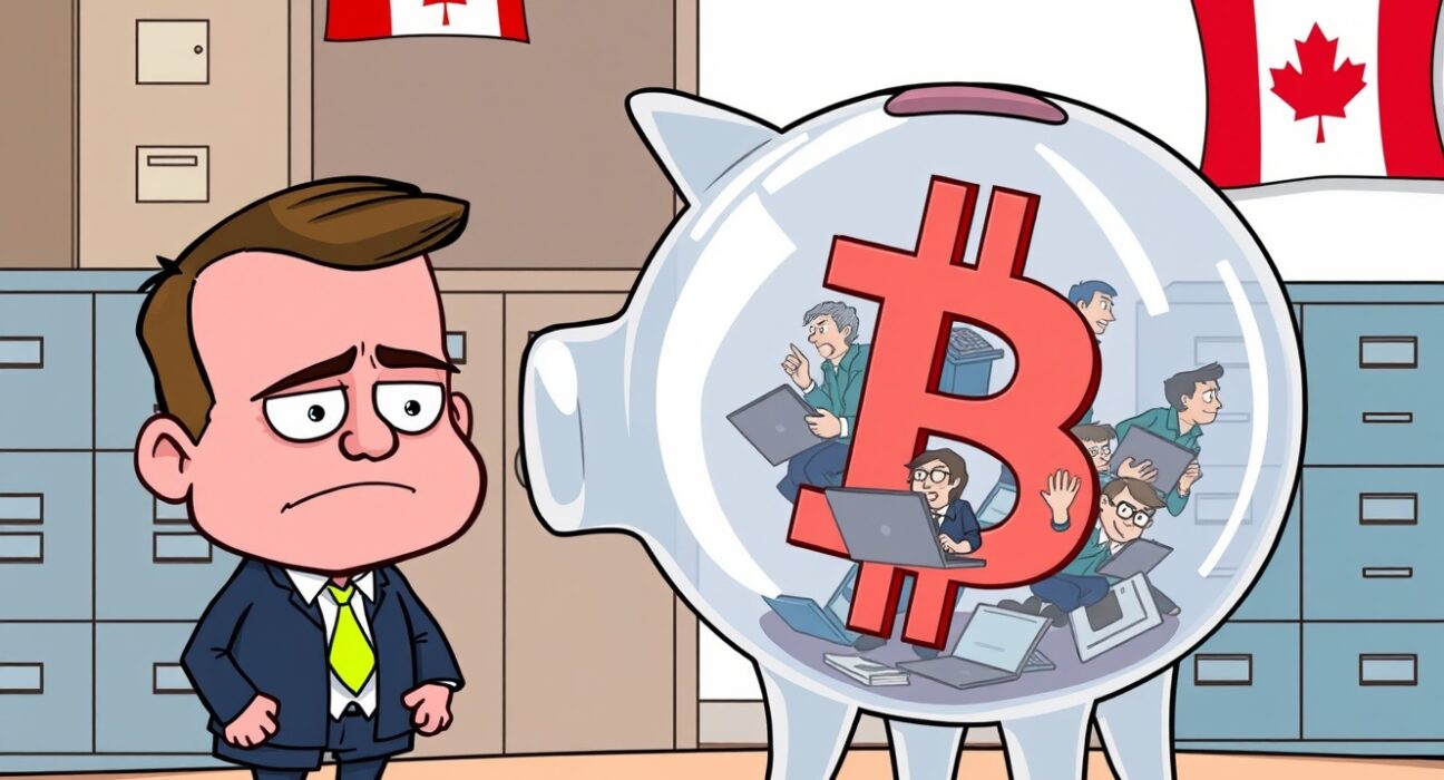 Cartoon illustration of crypto tax evasion scrutiny with a tax agent and a transparent Bitcoin piggy bank.