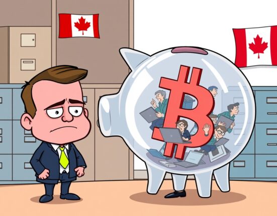 Cartoon illustration of crypto tax evasion scrutiny with a tax agent and a transparent Bitcoin piggy bank.