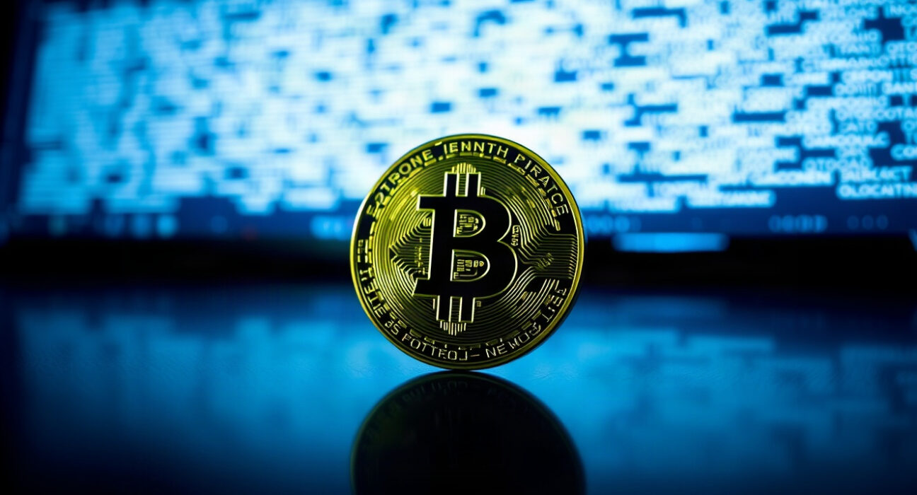 Bitcoin coin on a reflective surface with a blurred digital background, symbolizing cryptocurrency governance and protocol debates.