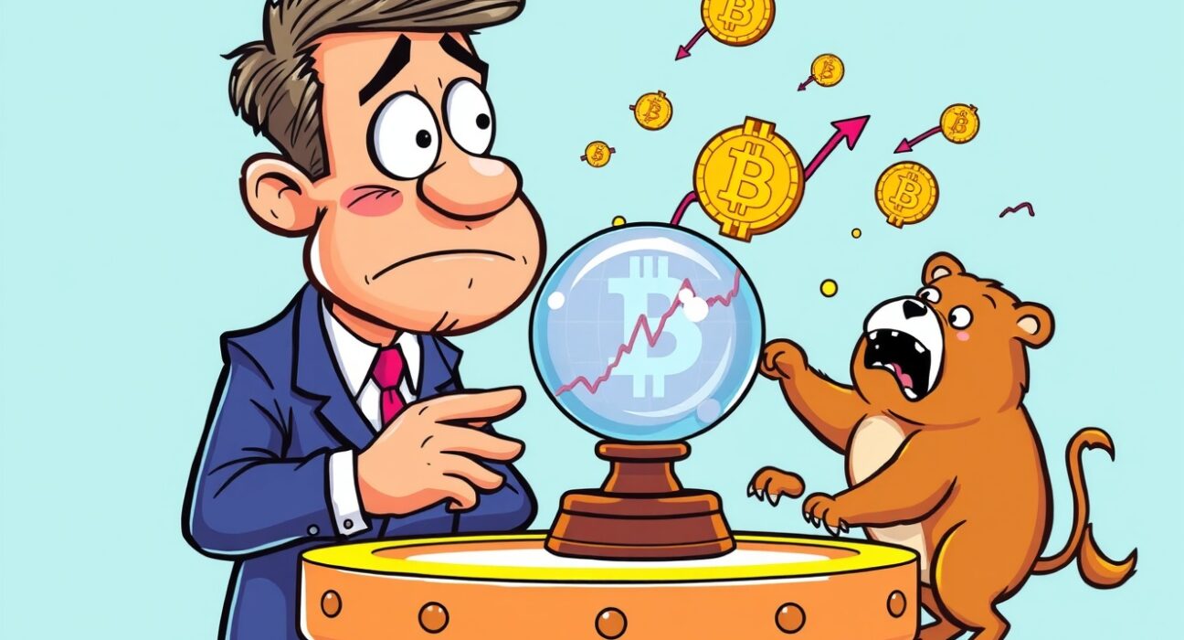 Cartoon illustration of a confused TV host predicting a Bitcoin bear market as a contrarian indicator.