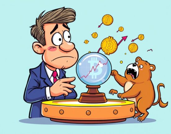 Cartoon illustration of a confused TV host predicting a Bitcoin bear market as a contrarian indicator.