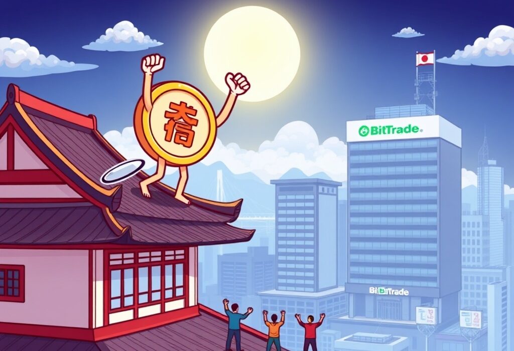 A Cratos token coin celebrating its successful entry into the Japanese market, symbolizing its upcoming debut on BitTrade.