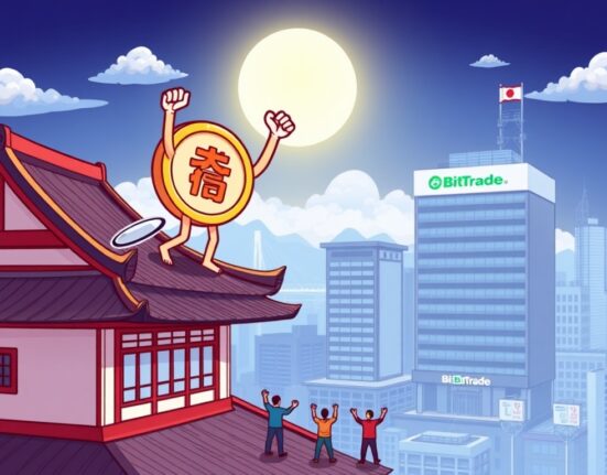 A Cratos token coin celebrating its successful entry into the Japanese market, symbolizing its upcoming debut on BitTrade.