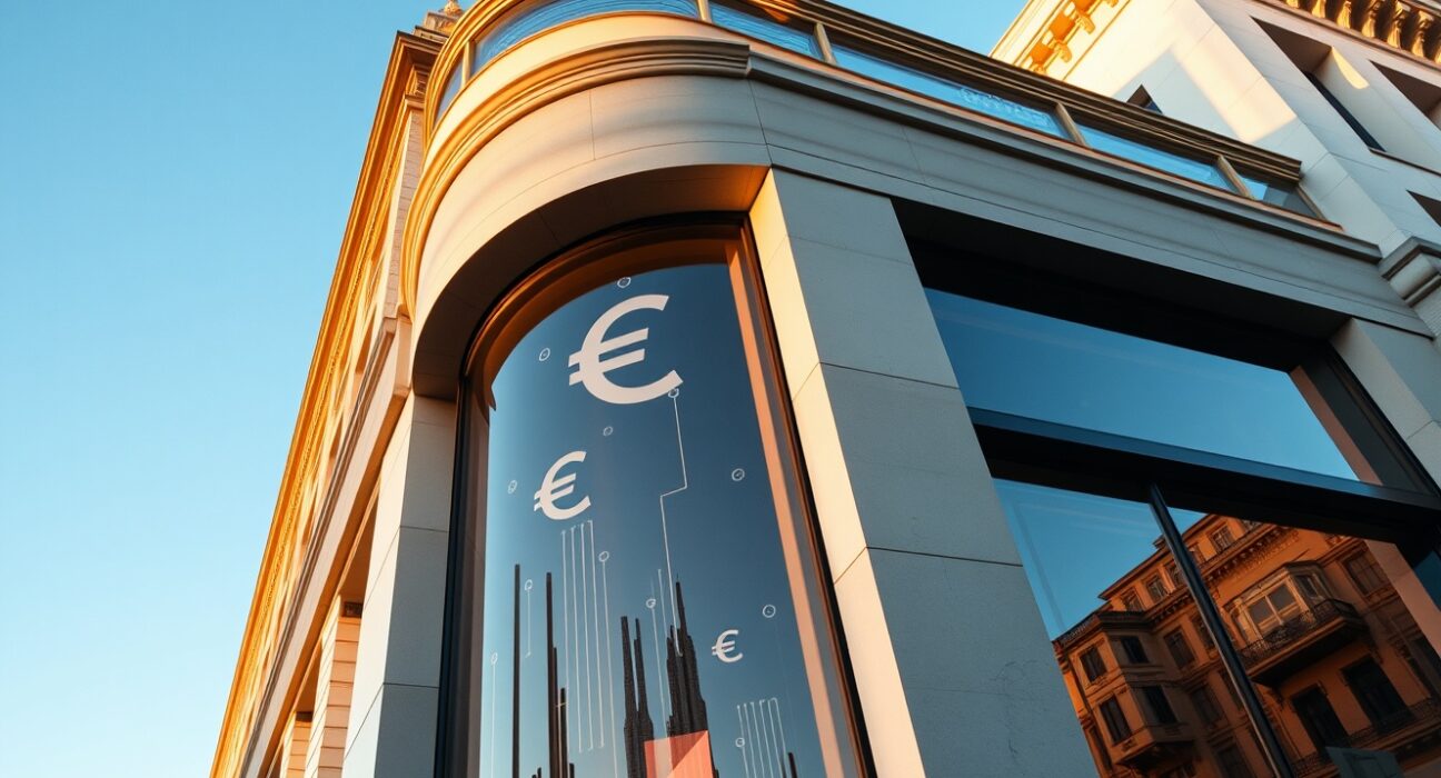 Crédit Agricole bank building in Paris with digital euro symbols overlaying the facade