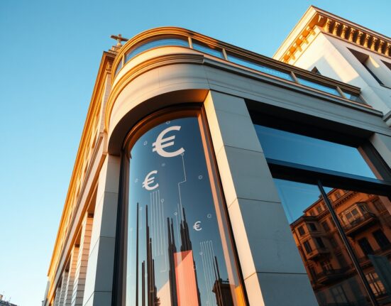 Crédit Agricole bank building in Paris with digital euro symbols overlaying the facade
