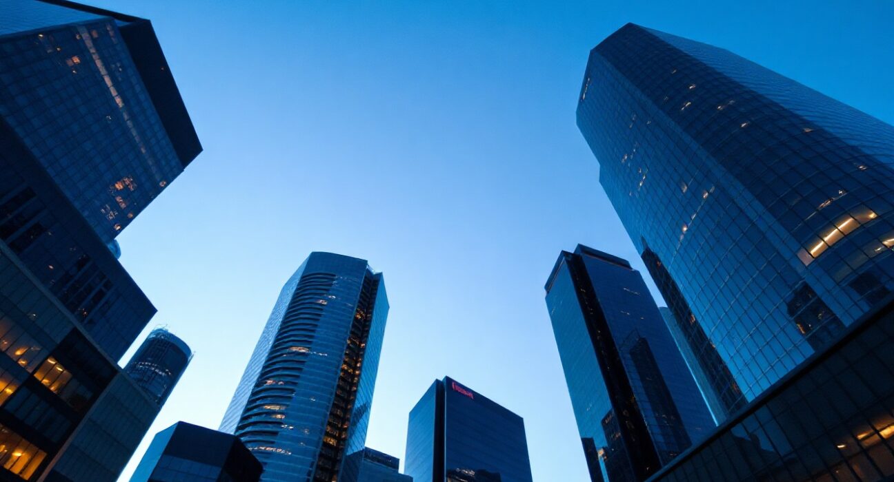 Financial district skyline at dusk with a digital network overlay, symbolizing AI-related debt risks.