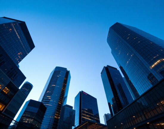 Financial district skyline at dusk with a digital network overlay, symbolizing AI-related debt risks.