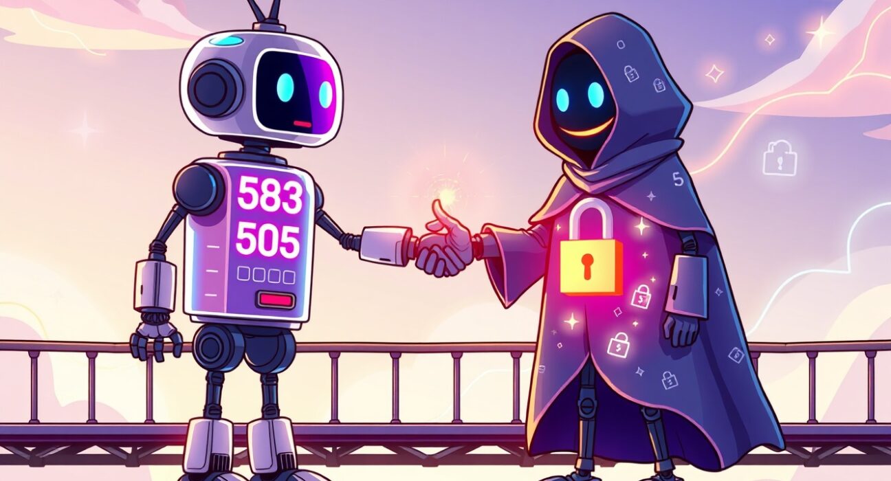 A cartoon illustrating the revolutionary decentralized identity partnership between Creditcoin and Midnight blockchains.