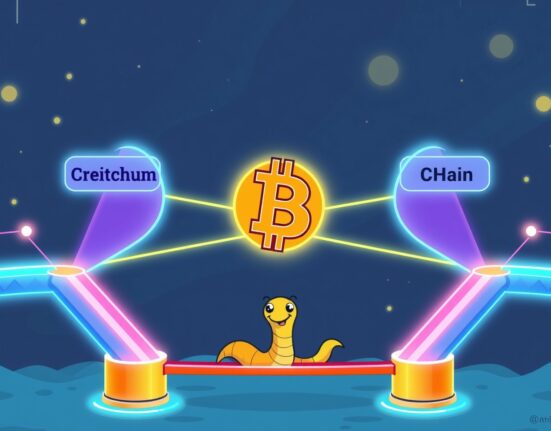 Illustration showing Creditcoin multichain tokens moving seamlessly between Ethereum and BNB Chain, powered by Wormhole technology.