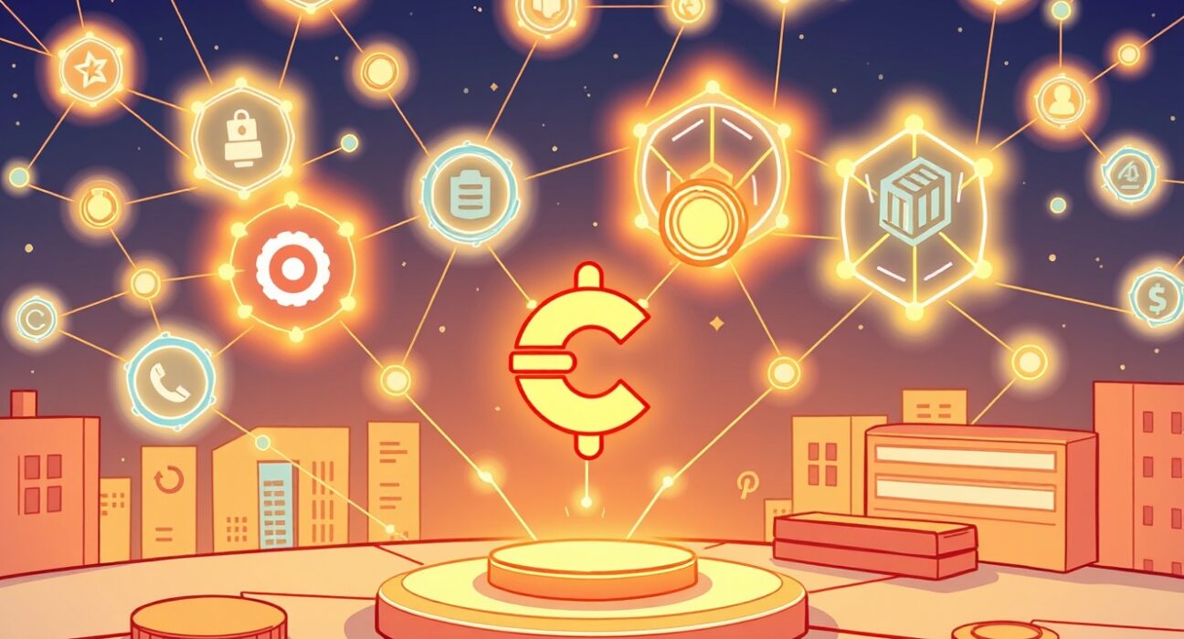 A cartoon illustration showing Creditcoin Universal Smart Contract bridging diverse blockchain data for real-world financial integration.