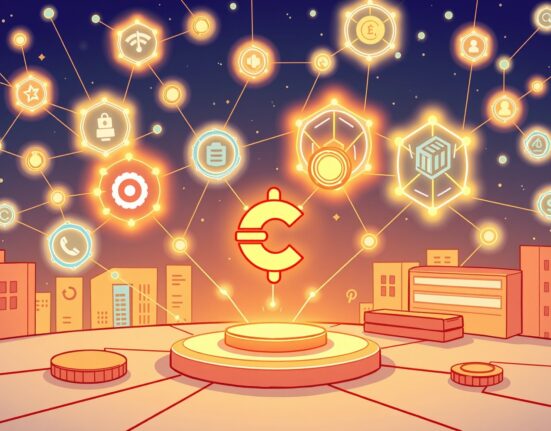 A cartoon illustration showing Creditcoin Universal Smart Contract bridging diverse blockchain data for real-world financial integration.