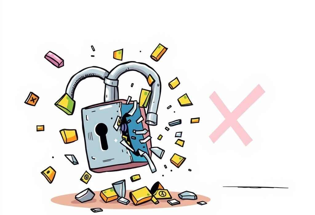 A cartoon illustration showing a broken digital lock, representing the significant CrediX hack and security failure.